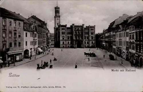 Ak Zittau in Sachsen, Markt mit Rathaus,  Architektur, Menschen auf dem Platz