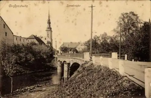 Ak Großpostwitz in Sachsen, Spreebrücke, Kirche