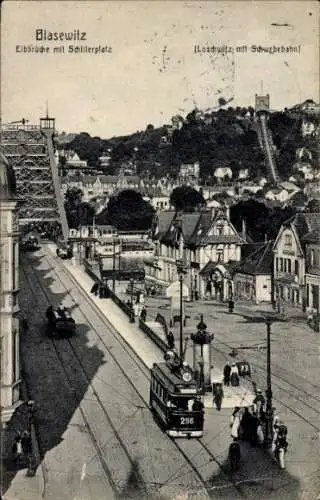 Ak Dresden Blasewitz Gruna,  Elbbrücke, Schillerplatz, Straßenbahn, Loschwitz mit Schwebebahn