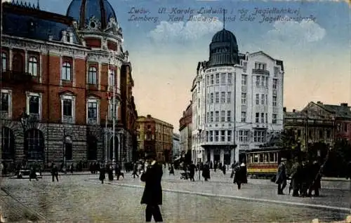 Ak Lwiw Lwów Lemberg Léopol Ukraine,  Ul. Karola Ludwika, Eckgebäude, Tram, Menschen auf der Stra