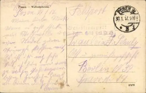 Ak Poznań Posen, Stadtansicht mit Wallischeibrücke, Boot auf dem Wasser,  Architektur