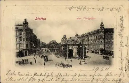 Ak Szczecin Stettin Pommern,  Königsthor, Architektur, Straßenverkehr,  
