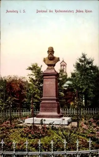 Ak Annaberg Buchholz im Erzgebirge, Denkmal Adam Riese, Statue, Parkanlage, Umzäunung