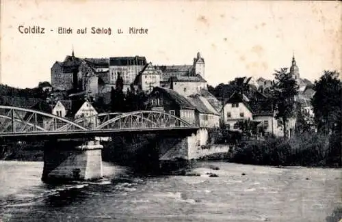 Ak Colditz in Sachsen, Blick auf Schloss u. Kirche,  Brücke über die Mulde