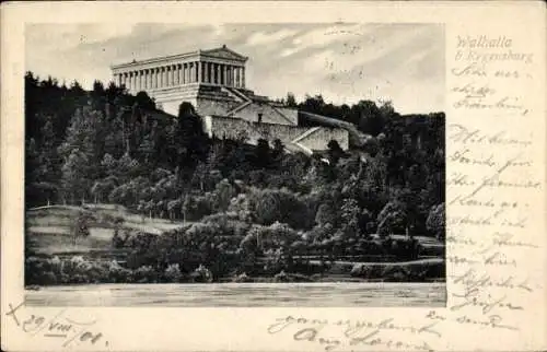 Ak Regensburg an der Donau Oberpfalz, Walhalla, historische Architektur, grüner Baum, Fluss im...