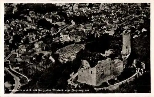 Ak Weinheim an der Bergstraße Baden, Luftaufnahme der Burgruine Windeck,  Häuser, Landschaft
