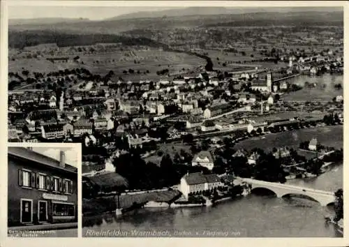 Ak Rheinfelden in Baden, Warmbach, Gemischtwarengeschäft, Fliegeraufnahme