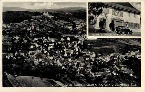 Ak Tumringen Lörrach in Baden, Luftaufnahme, Röttlerschloss, Metzgerei z. Pflug, Gasthau