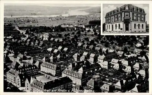 Ak Weil am Rhein, Luftaufnahme der Stadt, Restaurant Friedlinger-Hof, Rheinvorland
