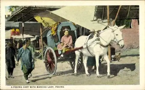 Ak Beijing Peking China, Pekinger Wagen mit einer Manchu Hu-Dame