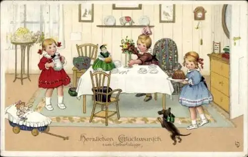 Künstler Ak Geburtstagsglückwunsch, Kaffeetafel, Kinder