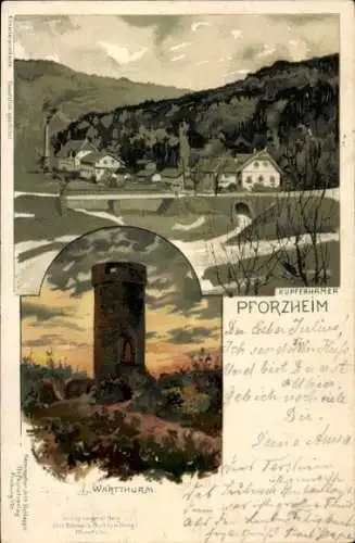Künstler Litho Münch, C., Pforzheim im Schwarzwald Baden Württemberg, Kupferhammer, Wartturm