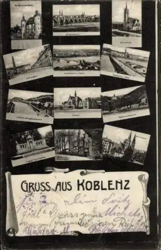 Ak Koblenz am Rhein, Teilansichten, Kirche, Brücke, Denkmal