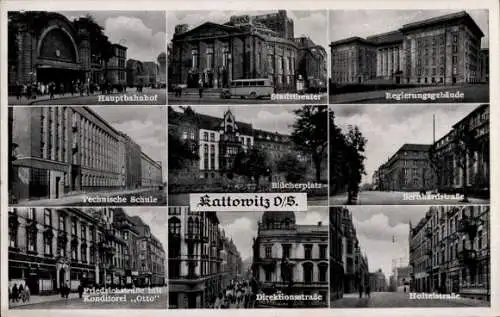 Ak Katowice Kattowitz Oberschlesien, Hauptbahnhof, Stadttheater, Regierungsgebäude, Bilderplatz, 