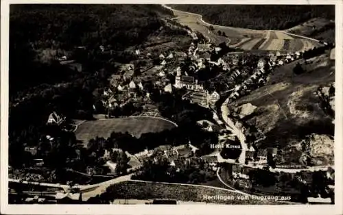 Ak Herrlingen Blaustein in Württemberg, Hotel Kreuz, Luftaufnahme, ländliche Umgebung,  Architekt