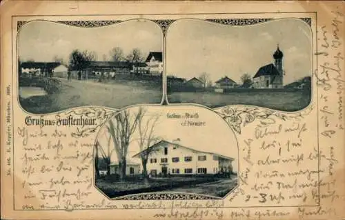 Ak Faistenhaar Brunnthal in Oberbayern, Gasthaus, Kirche, Straßenpartie