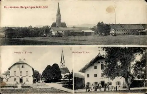 Ak Berganger Baiern in Oberbayern, Schule u. Kirche, Gasthaus E. Mair
