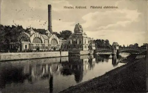 Ak Hradec Králové Königgrätz Stadt, Städtisches Elektrizitätswerk, Architektur, Fluss, Brücke