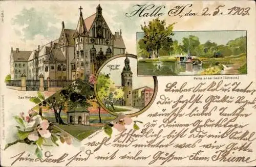 Litho Halle an der Saale, Leipziger Turm, Fluss, Pavillon