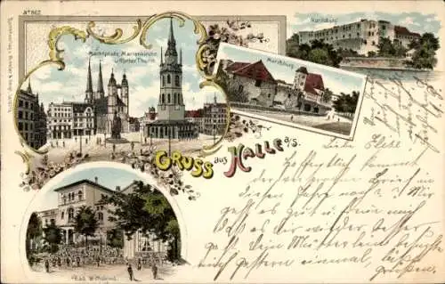 Litho Halle an der Saale, Moritzburg, Bad Wittekind, Marienkirche, Marktplatz