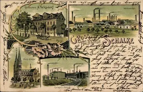 Litho Schalke Gelsenkirchen im Ruhrgebiet, Katholische Kirche, Walzwerke, Spiegel-Fabrik, Restaurant