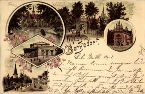 Litho Hamburg Bergedorf, Schloss, Bahnhof, Kaiserliches Postamt