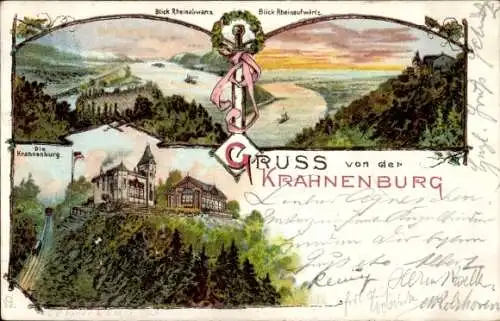 Litho Andernach am Rhein, Gasthaus Krahnenburg, Rheinpartie