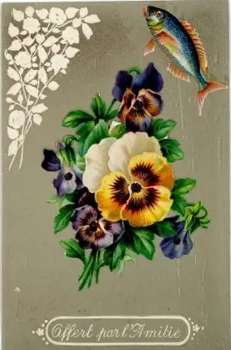 Ak Kitsch, Blumen, Stiefmütterchen, Fisch