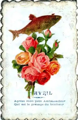 Ak Glückwunsch 1. April, Rosen, Fisch