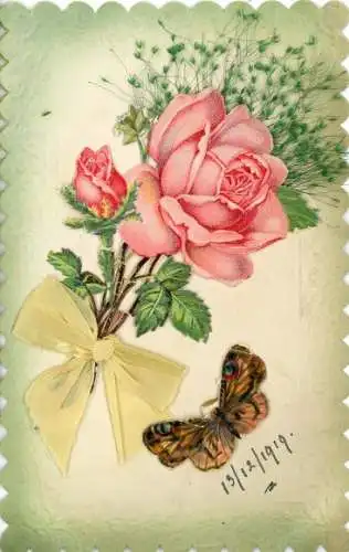 Material Ak Blühende Rosen, Schmetterling, Echte Pflanze, Stoffschleife