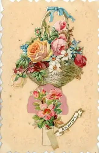 Ak Blumenkorb, Rosen, Schleife, Kitsch