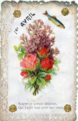 Ak Glückwunsch 1. April, Fische, Blumen, Rosen, Veilchen