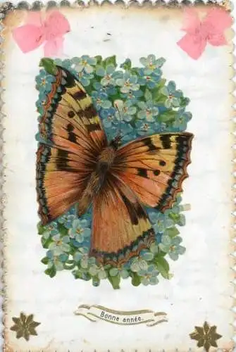 Material Ak Glückwunsch Neujahr, Schmetterling, Blumen, Stoffschleifen