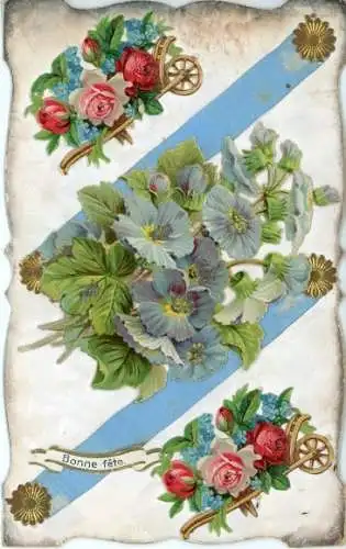 Ak Glückwunsch, Blumenstrauß, Schubkarre, Kitsch