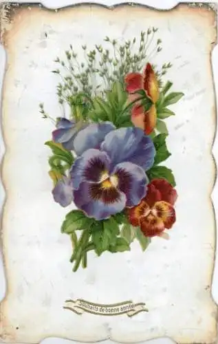 Material Ak Glückwunsch Neujahr, Blumen, Echte Pflanzen, Stiefmütterchen