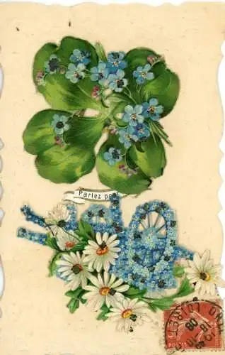 Glitzer Ak Glücksklee, Blumen, Vergissmeinnicht