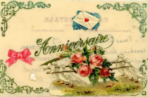 Zelluloid Ak Rosen, Tauben, Schleife, Kitsch