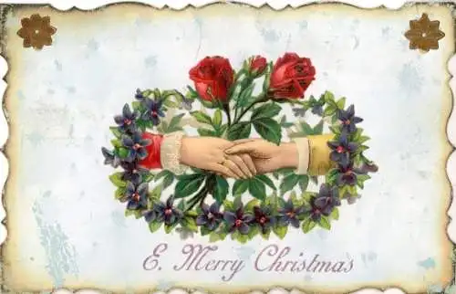 Ak Glückwunsch Weihnachten, Blumen, Rosen, Händedruck