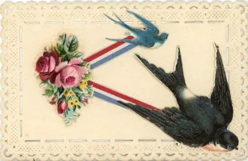 Material Ak Schwalben, Blumen, Kitsch