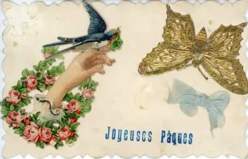 Material Ak Glückwunsch Ostern, Blumen, Schwalbe, Schmetterling, Stoffschleife