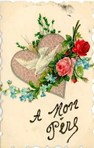Ak Kitsch, taube, Herz, Blumen, Rosen