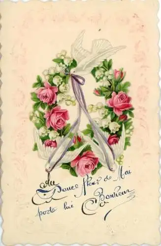 Präge Ak Kitsch, Tauben, Rosen, Maiglöckchen