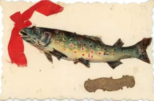 Material Ak Glückwunsch 1. April, Fisch, Stoffschleife