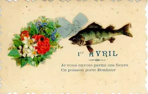Material Ak Glückwunsch 1. April, Blumen, Fisch, Stoffschleife