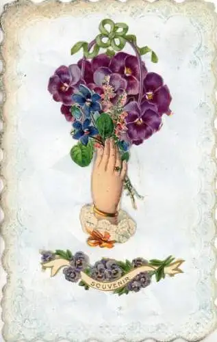 Ak Kitsch, Souvenir, Blumen, Weibliche Hand