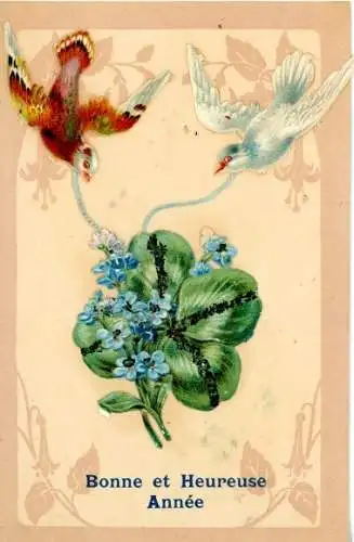 Ak Glückwunsch Neujahr, Tauben, Glücksklee, Blumen