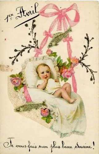 Ak Glückwunsch 1. April, Baby, Schleife, Blumen