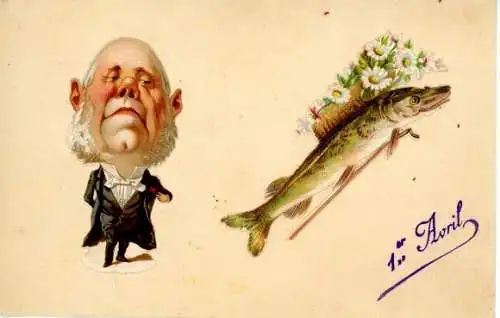 Ak Glückwunsch 1. April, Fisch, Blumen, Mann