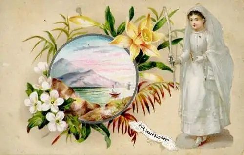 Ak Mädchen in weißem Kleid, Blumen, Segelboot, Berge, Kitsch