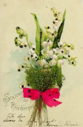 Präge Material Glitzer Ak Maiglöckchen, Stoffschleife, Echte Pflanze